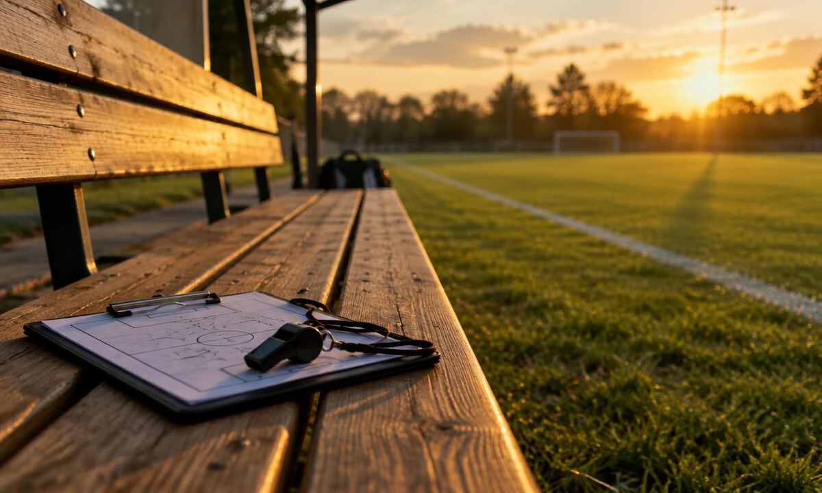 Wooden team bench beside a sports field at sunset with a coach's clipboard and whistle
